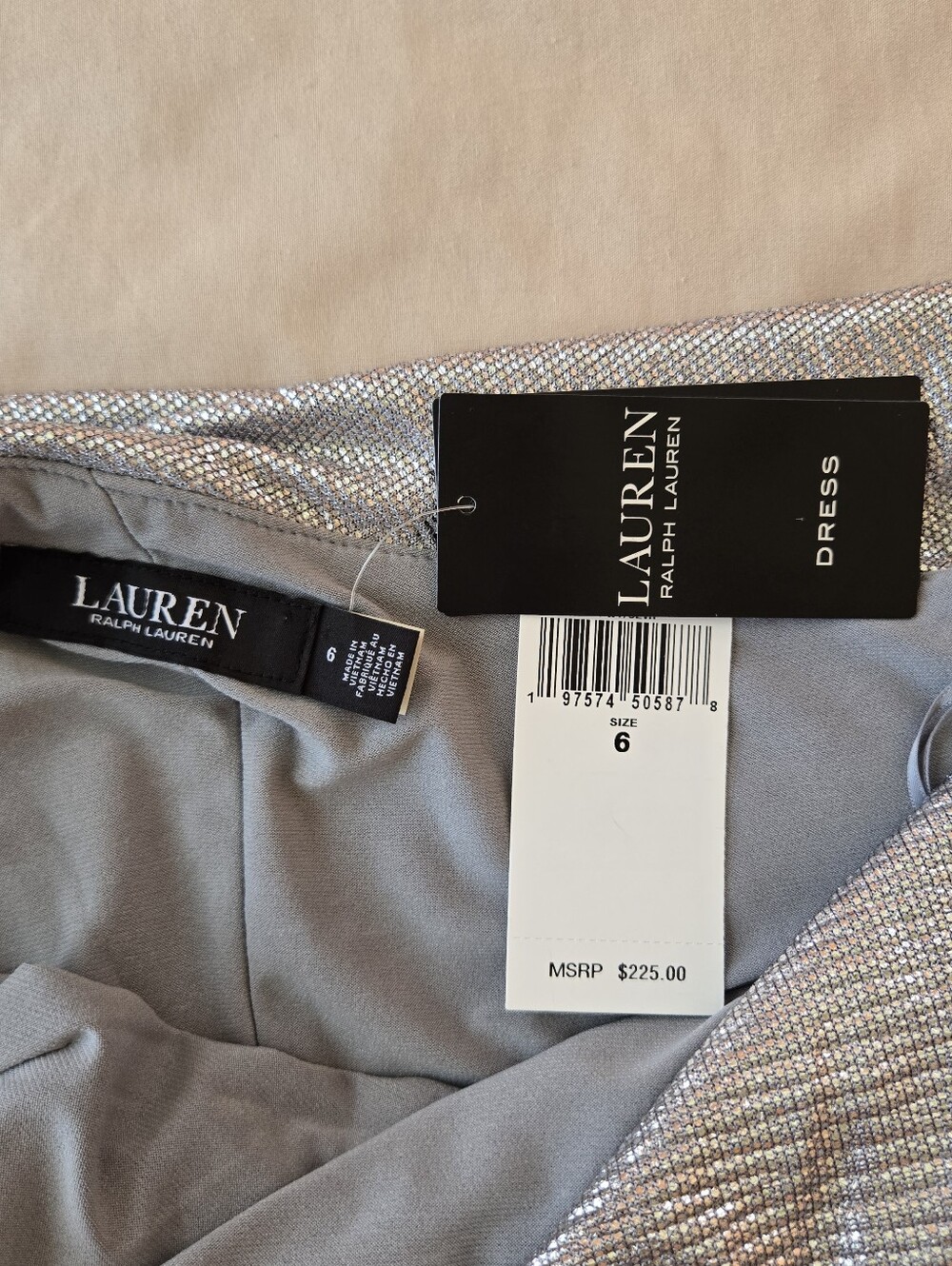 NWT Lauren Ralph Lauren Silver Metallic Off-Shoulder Long Sleeve Cocktail Dress - Picture 9 of 14